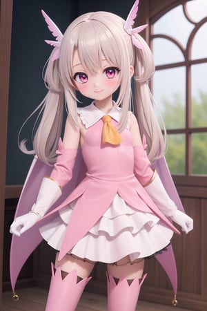 masterpiece,best quality,1girl, blush, smile,(loli:1.5),flat_chest, standing,full_body,aaillya, long hair, two side up,hair ornament,magical girl, cape, yellow ascot,pink dress, sleeveless, detached sleeves,white gloves, white skirt,pink thighhighs,