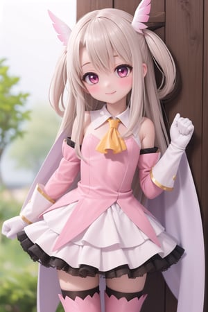 masterpiece,best quality,1girl, blush, smile,(loli:1.5),flat_chest, standing,full_body,aaillya, long hair, two side up,hair ornament,magical girl, cape, yellow ascot,pink dress, sleeveless, detached sleeves,white gloves, white skirt,pink thighhighs,