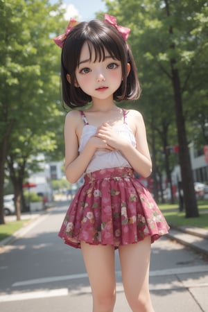 Masterpiece, best quality,solo,(loli:1.5), blush,(flat chest:1.2),standing , outdoors, blurry background ,from below,oppai_loli,(sfw:1.2)