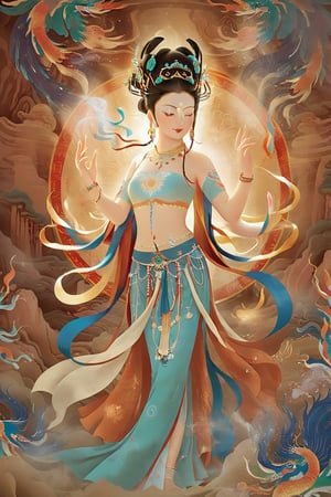 Mesmerizing artistic representation of Dunhuang Goddess, inspired by Chinese mythology and the mysterious caves of Dunhuang}, digital illustration, ancient Chinese art style, evoking ethereal beauty and spiritual meaning, soft ambient lighting enhances mystical aura, high resolution, (Dunhuang Goddess: 1.2 ), (Chinese mythology: 1.15), (artistic expression: 1.18), (ancient art style: 1.12), (ethereal beauty: 1.16), (spiritual meaning: 1.2), (mysterious aura: 1.18), (high resolution: 1.15), (Fascinating details: 1.12), (Dunhuang Grottoes: 1.16), (Eternal Artwork: 1.2), (Cultural Heritage: 1.18), (Sacred Presence: 1.15)