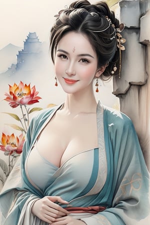 Bare breasts. Huge breasts. Wende. Pencil, watercolor, nature landscape background, Gabrielle del Alto, pencil drawing of smiling, ceramic girl portrait, Leonardo style, Leonardo style. Chinese style.unde