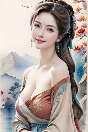 Bare breasts. Huge breasts. Wende. Pencil, watercolor, nature landscape background, Gabrielle del Alto, pencil drawing of smiling, ceramic girl portrait, Leonardo style, Leonardo style. Chinese style.unde