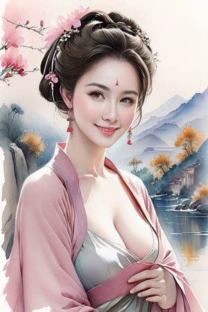 Bare breasts. Huge breasts. Pink nipples. Wende. Pencil, watercolor, nature landscape background, Gabrielle del Alto, pencil drawing of smiling, ceramic girl portrait, Leonardo style, Leonardo style. Chinese style.unde