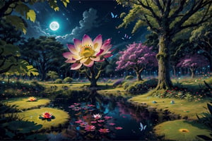 Night time, moon shine, In verdant landscape, butterflies, fireflie, vivid color painting, Detailed, octane render, bioluminescent, , masterpiece, best quality, illustration (cool_color), perfect composition, fantasy, focused, lotus, swamp, bloom flower, lotus focus, CarnageStyle, BloodOnScreen, lotus monster, parasite, parasitic flower, monster flower, mosnter eyes, monseter flower, red petal, green petal, purple petal, blue petal, white petal, cloudy sky, stormy sky, dense tree, colorful tree, multicolored tree, colorful leaf, blue green forest, dense forest, vines,High detailed ,firefliesfireflies