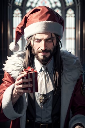 Rhys Ifans , grigori rasputin in santa suit , evil smile,  insanity ,  elegant , castle grand hall ,  ,perfect light , dark eyes sac , , enigmatic , dark circle under eyes , santa clause, 
present box, evil face