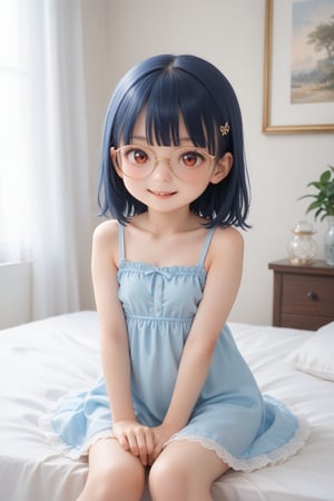 score_9, score_8_up, score_7_up,solo,(loli,petite body:1.7),bangs,long hair, smile,dress, indoors ,blue hair,red eyes ,short_hair,cut bob, glasses 