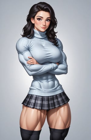 beautiful toned girl, perfect hourglass muscle body, longsleeve turtleneck sweater, plaid skirt, thigh high socks, womens loafers, busty, big hentai breasts, nice ass, missveins, vascular, thick dark veins, muscular arms, muscular legs, female muscle, dreamymuscle, low body fat percentage, beautiful face, smart black hair, freckles, rosy blushed cheeks, feminine pelvis, female anatomy, female bone structure, perfect eyes, soft pristine skin, cheek dimples, superior, elegance, erotic scene