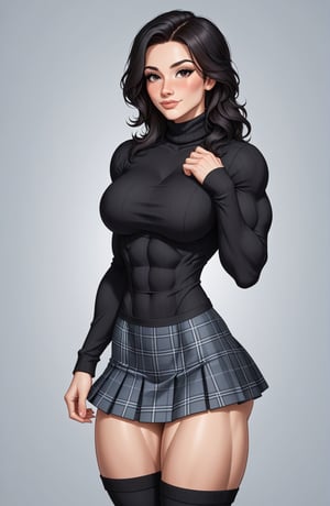 beautiful toned girl, perfect hourglass muscle body, longsleeve turtleneck sweater, plaid skirt, thigh high socks, busty, big hentai breasts, nice ass, missveins, vascular, thick dark veins, muscular arms, muscular legs, female muscle, dreamymuscle, low body fat percentage, beautiful face, smart black hair, freckles, rosy blushed cheeks, feminine pelvis, female anatomy, female bone structure, perfect eyes, soft pristine skin, cheek dimples, superior, elegance, erotic scene