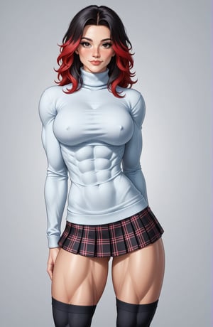 beautiful toned girl, perfect hourglass muscle body, longsleeve turtleneck sweater, plaid skirt, thigh high socks, womens loafers, busty, big hentai breasts, nice ass, missveins, vascular, thick dark veins, muscular legs, female muscle, dreamymuscle, low body fat percentage, beautiful face, black hair with red highlights, freckles, rosy blushed cheeks, feminine pelvis, female anatomy, female bone structure, perfect eyes, soft pristine skin, cheek dimples, superior, elegance, erotic scene