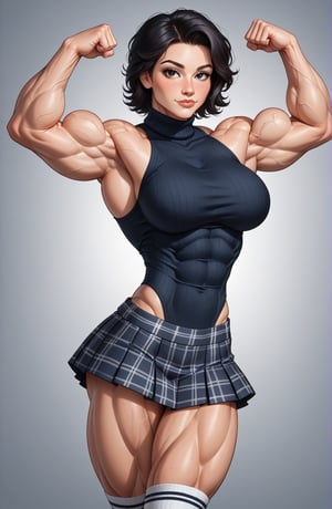 beautiful toned girl, perfect hourglass muscle body, sleeveless turtleneck sweater, plaid skirt, thigh high socks, busty, big hentai breasts, nice ass, missveins, vascular, thick dark veins, muscular arms, muscular legs, defined quadriceps, female muscle, dreamymuscle, low body fat percentage, beautiful face, smart black hair, freckles, rosy blushed cheeks, feminine pelvis, female anatomy, female bone structure, perfect eyes, soft pristine skin, cheek dimples, standing stoically, flexing arms, superior, elegance, erotic scene