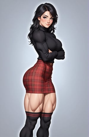 beautiful toned woman, perfect hourglass muscle body, longsleeve turtleneck sweater, plaid skirt, thigh high socks, busty, big hentai breasts, nice ass, female muscle, dreamymuscle, beautiful face, long black hair, missveins, vascular, thick dark veins, toned muscular arms, thick muscular legs with big quadriceps, low body fat percentage, freckles, rosy blushed cheeks, feminine pelvis, female anatomy, female bone structure, perfect eyes, cheek dimples, stoic feminine posture, superior, elegance, erotic scene,