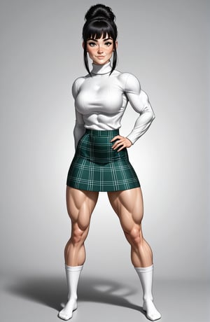 beautiful toned woman, perfect hourglass muscle body, longsleeve turtleneck sweater, plaid skirt, thigh high socks, busty, big hentai breasts, nice ass, female muscle, dreamymuscle, beautiful face, longe black hair with fringe, missveins, vascular, thick dark veins, toned muscular arms, thick muscular legs with big quadriceps, low body fat percentage, freckles, rosy blushed cheeks, feminine pelvis, female anatomy, female bone structure, perfect eyes, soft pristine skin, cheek dimples, standing stoically, hands on hips, superior, elegance, erotic scene