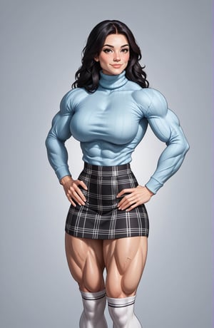 beautiful toned woman, perfect hourglass muscle body, longsleeve turtleneck sweater, plaid skirt, thigh high socks, busty, big hentai breasts, nice ass, female muscle, dreamymuscle, beautiful face, long black hair, missveins, vascular, thick dark veins, toned muscular arms, thick muscular legs with big quadriceps, low body fat percentage, freckles, rosy blushed cheeks, feminine pelvis, female anatomy, female bone structure, perfect eyes, cheek dimples, standing stoically, hands on hips, superior, elegance, erotic scene