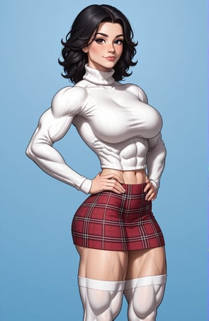 beautiful toned woman, perfect hourglass muscle body, longsleeve turtleneck sweater, plaid skirt, thigh high socks, busty, big hentai breasts, nice ass, female muscle, dreamymuscle, beautiful face, long black hair, missveins, vascular, thick dark veins, toned muscular arms, thick muscular legs with big quadriceps, low body fat percentage, freckles, rosy blushed cheeks, feminine pelvis, female anatomy, female bone structure, perfect eyes, cheek dimples, stoic feminine posture, hands on hips, superior, elegance, erotic scene