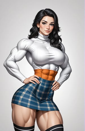 beautiful toned woman, perfect hourglass muscle body, longsleeve turtleneck sweater, plaid skirt, thigh high socks, busty, big hentai breasts, nice ass, female muscle, dreamymuscle, beautiful face, long black hair, missveins, vascular, thick dark veins, toned muscular arms, thick muscular legs with big quadriceps, low body fat percentage, freckles, rosy blushed cheeks, feminine pelvis, female anatomy, female bone structure, perfect eyes, cheek dimples, stoic feminine posture, superior, elegance, erotic scene,