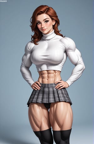 beautiful toned woman, perfect hourglass muscle body, longsleeve turtleneck sweater, plaid skirt, thigh high socks, busty, big hentai breasts, nice ass, missveins, vascular, thick dark veins, toned muscular arms, thick muscular legs with big quadriceps, female muscle, dreamymuscle, low body fat percentage, beautiful face, black long smart hair, freckles, rosy blushed cheeks, feminine pelvis, female anatomy, female bone structure, perfect eyes, soft pristine skin, cheek dimples, standing stoically, hands on hips, superior, elegance, erotic scene