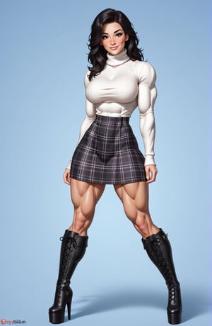 beautiful toned girl, perfect hourglass muscle body, longsleeve turtleneck sweater, plaid skirt, thigh high socks, platform ankle boots, busty, big hentai breasts, nice ass, missveins, vascular, thick dark veins, muscular arms, muscular legs, female muscle, dreamymuscle, low body fat percentage, beautiful face, smart black hair, freckles, rosy blushed cheeks, feminine pelvis, female anatomy, female bone structure, perfect eyes, soft pristine skin, cheek dimples, superior, elegance, erotic scene