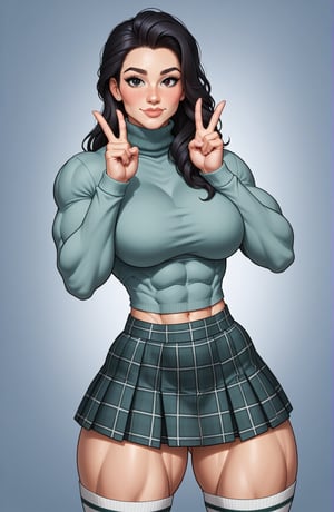 beautiful toned woman, perfect hourglass muscle body, longsleeve turtleneck sweater, plaid skirt, thigh high socks, busty, big hentai breasts, nice ass, female muscle, dreamymuscle, beautiful face, long black hair, missveins, vascular, thick dark veins, toned muscular arms, thick muscular legs with big quadriceps, low body fat percentage, freckles, rosy blushed cheeks, feminine pelvis, female anatomy, female bone structure, perfect eyes, oily skin, cheek dimples, standing stoically, double peace sign, superior, elegance, erotic scene