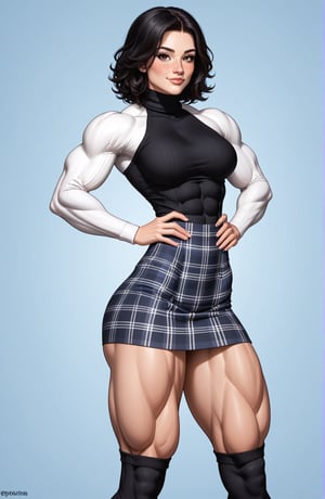 beautiful toned girl, perfect hourglass muscle body, longsleeve turtleneck sweater, plaid skirt, thigh high socks, busty, big hentai breasts, nice ass, missveins, vascular, thick dark veins, toned muscular arms, beefy muscular legs, defined veiny quadriceps, female muscle, dreamymuscle, low body fat percentage, beautiful face, smart black hair, freckles, rosy blushed cheeks, feminine pelvis, female anatomy, female bone structure, perfect eyes, soft pristine skin, cheek dimples, standing stoically, hands on hips, superior, elegance, erotic scene