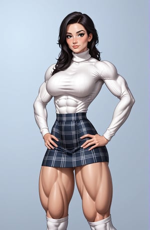 beautiful toned woman, perfect hourglass muscle body, longsleeve turtleneck sweater, plaid skirt, thigh high socks, busty, big hentai breasts, nice ass, missveins, vascular, thick dark veins, toned muscular arms, thick muscular legs with big quadriceps, female muscle, dreamymuscle, low body fat percentage, beautiful face, black hair, freckles, rosy blushed cheeks, feminine pelvis, female anatomy, female bone structure, perfect eyes, soft pristine skin, cheek dimples, standing stoically, hands on hips, superior, elegance, erotic scene