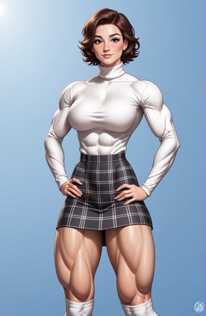 beautiful toned woman, perfect hourglass muscle body, longsleeve turtleneck sweater, plaid skirt, thigh high socks, busty, big hentai breasts, nice ass, missveins, vascular, thick dark veins, toned muscular arms, thick muscular legs with big quadriceps, female muscle, dreamymuscle, low body fat percentage, beautiful face, smart black hair, freckles, rosy blushed cheeks, feminine pelvis, female anatomy, female bone structure, perfect eyes, soft pristine skin, cheek dimples, standing stoically, hands on hips, superior, elegance, erotic scene