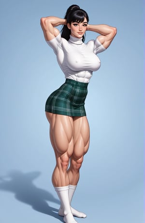 beautiful toned woman, perfect hourglass muscle body, longsleeve turtleneck sweater, plaid skirt, thigh high socks, busty, big hentai breasts, nice ass, female muscle, dreamymuscle, beautiful face, longe black hair with fringe, missveins, vascular, thick dark veins, toned muscular arms, thick muscular legs with big quadriceps, low body fat percentage, freckles, rosy blushed cheeks, feminine pelvis, female anatomy, female bone structure, perfect eyes, soft pristine skin, cheek dimples, standing stoically, arms raised, hands behind head, superior, elegance, erotic scene