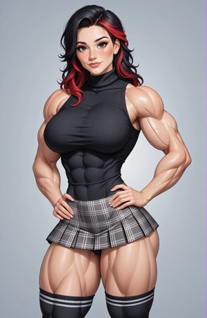 beautiful toned girl, perfect hourglass muscle body, sleeveless turtleneck sweater, plaid skirt, thigh high socks, busty, big hentai breasts, nice ass, missveins, vascular, thick dark veins, muscular arms, muscular legs, female muscle, dreamymuscle, low body fat percentage, beautiful face, black hair with red highlights, freckles, rosy blushed cheeks, feminine pelvis, female anatomy, female bone structure, perfect eyes, soft pristine skin, cheek dimples, superior, elegance, erotic scene