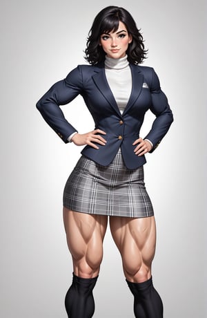 beautiful toned woman, perfect hourglass muscle body, longsleeve open blazer, turtleneck sweater, plaid skirt, thigh high socks, busty, big hentai breasts, nice ass, female muscle, dreamymuscle, beautiful face, longe black hair with fringe, missveins, vascular, thick dark veins, toned muscular arms, thick muscular legs with big quadriceps, low body fat percentage, freckles, rosy blushed cheeks, feminine pelvis, female anatomy, female bone structure, perfect eyes, soft pristine skin, cheek dimples, standing stoically, hands on hips, superior, elegance, erotic scene