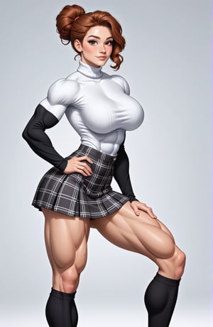 beautiful toned girl, perfect hourglass muscle body, longsleeve turtleneck sweater, plaid skirt, thigh high socks, busty, big hentai breasts, nice ass, missveins, vascular, thick dark veins, toned muscular arms, beefy muscular legs, defined quadriceps, female muscle, dreamymuscle, low body fat percentage, beautiful face, smart black hair, freckles, rosy blushed cheeks, feminine pelvis, female anatomy, female bone structure, perfect eyes, soft pristine skin, cheek dimples, standing stoically, hands on hips, superior, elegance, erotic scene