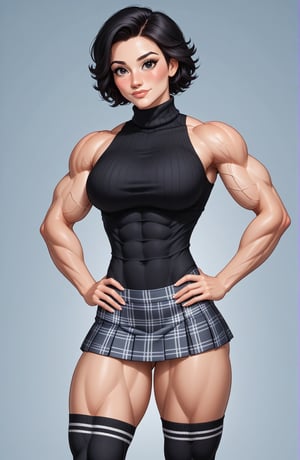 beautiful toned girl, perfect hourglass muscle body, sleeveless turtleneck sweater, plaid skirt, thigh high socks, busty, big hentai breasts, nice ass, missveins, vascular, thick dark veins, muscular arms, muscular legs, defined quadriceps, female muscle, dreamymuscle, low body fat percentage, beautiful face, smart black hair, freckles, rosy blushed cheeks, feminine pelvis, female anatomy, female bone structure, perfect eyes, soft pristine skin, cheek dimples, standing stoically, hands on hips, superior, elegance, erotic scene