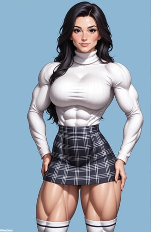 beautiful toned woman, perfect hourglass muscle body, longsleeve open blazer, turtleneck sweater, plaid skirt, thigh high socks, busty, big hentai breasts, nice ass, female muscle, dreamymuscle, beautiful face, longe black hair with fringe, missveins, vascular, thick dark veins, toned muscular arms, thick muscular legs with big quadriceps, low body fat percentage, freckles, rosy blushed cheeks, feminine pelvis, female anatomy, female bone structure, perfect eyes, soft pristine skin, cheek dimples, standing stoically, hands on hips, superior, elegance, erotic scene