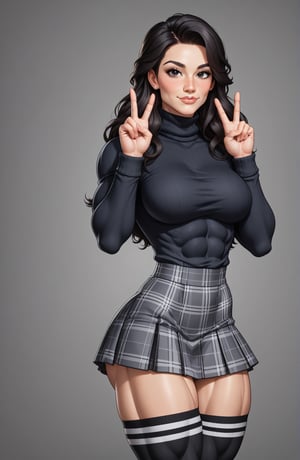 beautiful toned woman, perfect hourglass muscle body, longsleeve turtleneck sweater, plaid skirt, thigh high socks, busty, big hentai breasts, nice ass, female muscle, dreamymuscle, beautiful face, long black hair, missveins, vascular, thick dark veins, toned muscular arms, thick muscular legs with big quadriceps, low body fat percentage, freckles, rosy blushed cheeks, feminine pelvis, female anatomy, female bone structure, perfect eyes, cheek dimples, standing stoically, double peace sign, superior, elegance, erotic scene