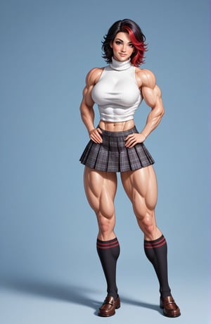 beautiful toned girl, perfect hourglass muscle body, sleeveless turtleneck sweater, plaid skirt, thigh high socks, womens loafers, busty, big hentai breasts, nice ass, missveins, vascular, thick dark veins, muscular arms, muscular legs, female muscle, dreamymuscle, low body fat percentage, beautiful face, black hair with red highlights, freckles, rosy blushed cheeks, feminine pelvis, female anatomy, female bone structure, perfect eyes, soft pristine skin, cheek dimples, superior, elegance, erotic scene