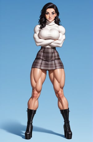 beautiful toned girl, perfect hourglass muscle body, longsleeve turtleneck sweater, plaid skirt, thigh high socks, platform ankle boots, busty, big hentai breasts, nice ass, missveins, vascular, thick dark veins, muscular arms, muscular legs, defined quadriceps, female muscle, dreamymuscle, low body fat percentage, beautiful face, smart black hair, freckles, rosy blushed cheeks, feminine pelvis, female anatomy, female bone structure, perfect eyes, soft pristine skin, cheek dimples, superior, elegance, erotic scene