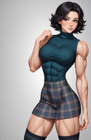 beautiful toned girl, perfect hourglass muscle body, sleeveless turtleneck sweater, plaid skirt, thigh high socks, busty, big hentai breasts, nice ass, missveins, vascular, thick dark veins, muscular arms, muscular legs, female muscle, dreamymuscle, low body fat percentage, beautiful face, smart black hair, freckles, rosy blushed cheeks, feminine pelvis, female anatomy, female bone structure, perfect eyes, soft pristine skin, cheek dimples, superior, elegance, erotic scene