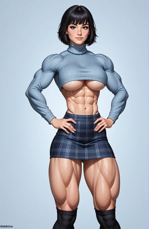 beautiful toned woman, perfect hourglass muscle body, underboob turtleneck sweater, plaid skirt, thigh high socks, busty, big hentai breasts, nice ass, female muscle, dreamymuscle, beautiful face, longe black hair with fringe, missveins, vascular, thick dark veins, toned muscular arms, thick muscular legs with big quadriceps, low body fat percentage, freckles, rosy blushed cheeks, feminine pelvis, female anatomy, female bone structure, perfect eyes, soft pristine skin, cheek dimples, standing stoically, hands on hips, superior, elegance, erotic scene