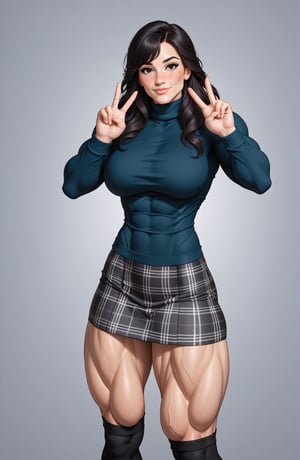 beautiful toned woman, perfect hourglass muscle body, longsleeve turtleneck sweater, plaid skirt, thigh high socks, busty, big hentai breasts, nice ass, female muscle, dreamymuscle, beautiful face, long black hair, missveins, vascular, thick dark veins, toned muscular arms, thick muscular legs with big quadriceps, low body fat percentage, freckles, rosy blushed cheeks, feminine pelvis, female anatomy, female bone structure, perfect eyes, cheek dimples, standing stoically, double peace sign, superior, elegance, erotic scene