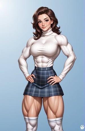 beautiful toned woman, perfect hourglass muscle body, longsleeve turtleneck sweater, plaid skirt, thigh high socks, busty, big hentai breasts, nice ass, female muscle, dreamymuscle, beautiful face, wavy dark brown hair, missveins, vascular, thick dark veins, toned muscular arms, thick muscular legs with big quadriceps, low body fat percentage, freckles, rosy blushed cheeks, feminine pelvis, female anatomy, female bone structure, perfect eyes, soft pristine skin, cheek dimples, standing stoically, hands on hips, superior, elegance, erotic scene