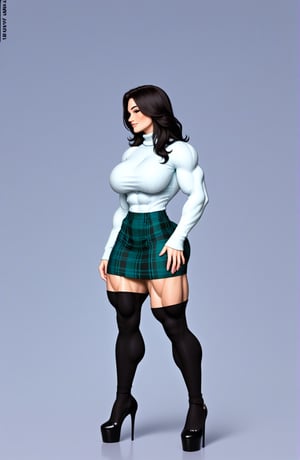 beautiful toned woman, perfect hourglass muscle body, longsleeve turtleneck sweater, plaid skirt, thigh high socks, stiletto high heels, busty, big hentai breasts, nice ass, female muscle, dreamymuscle, beautiful face, long black hair, missveins, vascular, thick dark veins, toned muscular arms, thick muscular legs with big quadriceps, low body fat percentage, freckles, rosy blushed cheeks, feminine pelvis, female anatomy, female bone structure, perfect eyes, cheek dimples, stoic feminine posture, superior, elegance, erotic scene,