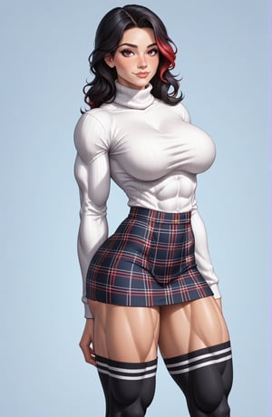 beautiful toned girl, perfect hourglass muscle body, longsleeve turtleneck sweater, plaid skirt, thigh high socks, womens loafers, busty, big hentai breasts, nice ass, missveins, vascular, thick dark veins, muscular arms, muscular legs, female muscle, dreamymuscle, low body fat percentage, beautiful face, black hair with red highlights, freckles, rosy blushed cheeks, feminine pelvis, female anatomy, female bone structure, perfect eyes, soft pristine skin, cheek dimples, superior, elegance, erotic scene