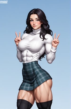 beautiful toned woman, perfect hourglass muscle body, longsleeve turtleneck sweater, plaid skirt, thigh high socks, busty, big hentai breasts, nice ass, female muscle, dreamymuscle, beautiful face, long black hair, missveins, vascular, thick dark veins, toned muscular arms, thick muscular legs with big quadriceps, low body fat percentage, freckles, rosy blushed cheeks, feminine pelvis, female anatomy, female bone structure, perfect eyes, soft pristine skin, cheek dimples, standing stoically, double peace sign, superior, elegance, erotic scene