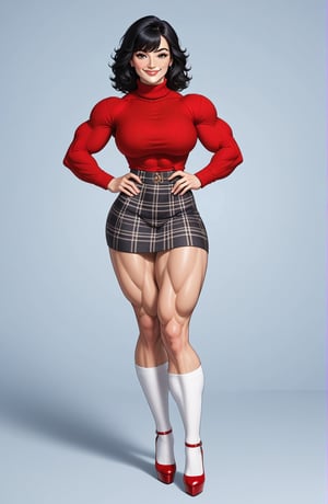 beautiful toned mature woman, perfect hourglass muscle body, longsleeve turtleneck sweater, plaid skirt, thigh high socks, stiletto high heels, busty, big hentai breasts, nice ass, female muscle, dreamymuscle, beautiful face, black hair with bangs, missveins, vascular, thick dark veins, toned muscular arms, thick muscular legs with big quadriceps, low body fat percentage, freckles, rosy blushed cheeks, feminine pelvis, female anatomy, female bone structure, perfect eyes, cheek dimples, front view, stoic feminine posture, looking at the camera, smug expression, superior, elegance, erotic scene,