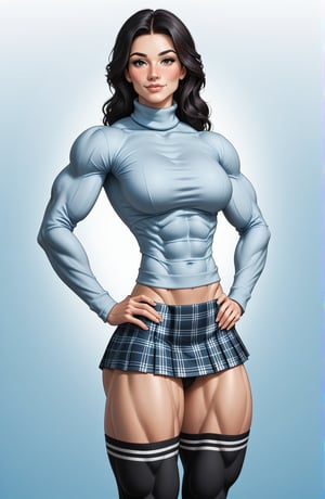 beautiful toned woman, perfect hourglass muscle body, longsleeve turtleneck sweater, plaid skirt, thigh high socks, busty, big hentai breasts, nice ass, female muscle, dreamymuscle, beautiful face, long black hair, missveins, vascular, thick dark veins, toned muscular arms, thick muscular legs with big quadriceps, low body fat percentage, freckles, rosy blushed cheeks, feminine pelvis, female anatomy, female bone structure, perfect eyes, cheek dimples, stoic feminine posture, hands on hips, superior, elegance, erotic scene,