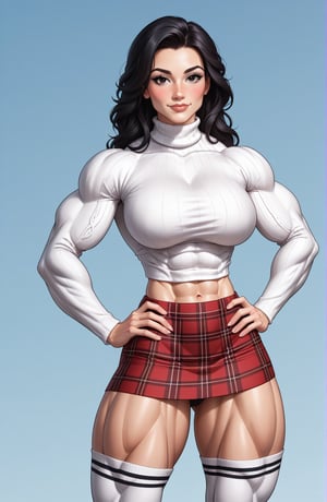 beautiful toned woman, perfect hourglass muscle body, longsleeve turtleneck sweater, plaid skirt, thigh high socks, busty, big hentai breasts, nice ass, female muscle, dreamymuscle, beautiful face, long black hair, missveins, vascular, thick dark veins, toned muscular arms, thick muscular legs with big quadriceps, low body fat percentage, freckles, rosy blushed cheeks, feminine pelvis, female anatomy, female bone structure, perfect eyes, cheek dimples, stoic feminine posture, hands on hips, superior, elegance, erotic scene,