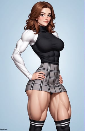 beautiful toned woman, perfect hourglass muscle body, longsleeve turtleneck sweater, plaid skirt, thigh high socks, busty, big hentai breasts, nice ass, missveins, vascular, thick dark veins, toned muscular arms, thick muscular legs with big quadriceps, female muscle, dreamymuscle, low body fat percentage, beautiful face, black long smart hair, freckles, rosy blushed cheeks, feminine pelvis, female anatomy, female bone structure, perfect eyes, soft pristine skin, cheek dimples, standing stoically, hands on hips, superior, elegance, erotic scene