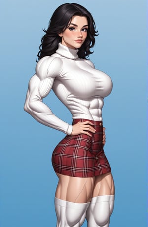 beautiful toned woman, perfect hourglass muscle body, longsleeve turtleneck sweater, plaid skirt, thigh high socks, busty, big hentai breasts, nice ass, female muscle, dreamymuscle, beautiful face, long black hair, missveins, vascular, thick dark veins, toned muscular arms, thick muscular legs with big quadriceps, low body fat percentage, freckles, rosy blushed cheeks, feminine pelvis, female anatomy, female bone structure, perfect eyes, soft pristine skin, cheek dimples, standing stoically, hands on hips, superior, elegance, erotic scene