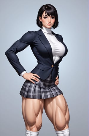 beautiful toned woman, perfect hourglass muscle body, longsleeve open blazer, turtleneck sweater, plaid skirt, thigh high socks, busty, big hentai breasts, nice ass, female muscle, dreamymuscle, beautiful face, longe black hair with fringe, missveins, vascular, thick dark veins, toned muscular arms, thick muscular legs with big quadriceps, low body fat percentage, freckles, rosy blushed cheeks, feminine pelvis, female anatomy, female bone structure, perfect eyes, soft pristine skin, cheek dimples, standing stoically, hands on hips, superior, elegance, erotic scene