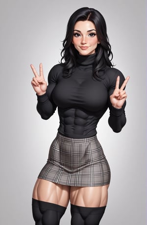 beautiful toned woman, perfect hourglass muscle body, longsleeve turtleneck sweater, plaid skirt, thigh high socks, busty, big hentai breasts, nice ass, female muscle, dreamymuscle, beautiful face, long black hair, missveins, vascular, thick dark veins, toned muscular arms, thick muscular legs with big quadriceps, low body fat percentage, freckles, rosy blushed cheeks, feminine pelvis, female anatomy, female bone structure, perfect eyes, cheek dimples, stoic feminine posture, double peace sign, superior, elegance, erotic scene