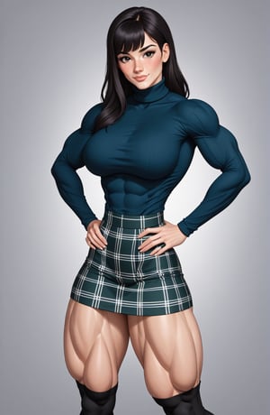 beautiful toned woman, perfect hourglass muscle body, longsleeve turtleneck sweater, plaid skirt, thigh high socks, busty, big hentai breasts, nice ass, female muscle, dreamymuscle, beautiful face, longe black hair with fringe, missveins, vascular, thick dark veins, toned muscular arms, thick muscular legs with big quadriceps, low body fat percentage, freckles, rosy blushed cheeks, feminine pelvis, female anatomy, female bone structure, perfect eyes, soft pristine skin, cheek dimples, standing stoically, hands on hips, superior, elegance, erotic scene