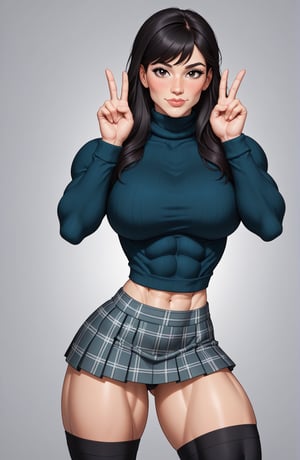 beautiful toned woman, perfect hourglass muscle body, longsleeve turtleneck sweater, plaid skirt, thigh high socks, busty, big hentai breasts, nice ass, female muscle, dreamymuscle, beautiful face, long black hair, missveins, vascular, thick dark veins, toned muscular arms, thick muscular legs with big quadriceps, low body fat percentage, freckles, rosy blushed cheeks, feminine pelvis, female anatomy, female bone structure, perfect eyes, cheek dimples, stoic feminine posture, double peace sign, superior, elegance, erotic scene